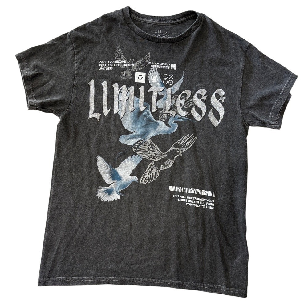 Limitless Graphic T Shirt Dark Gray Birds Print Cotton Crew Neck Size M